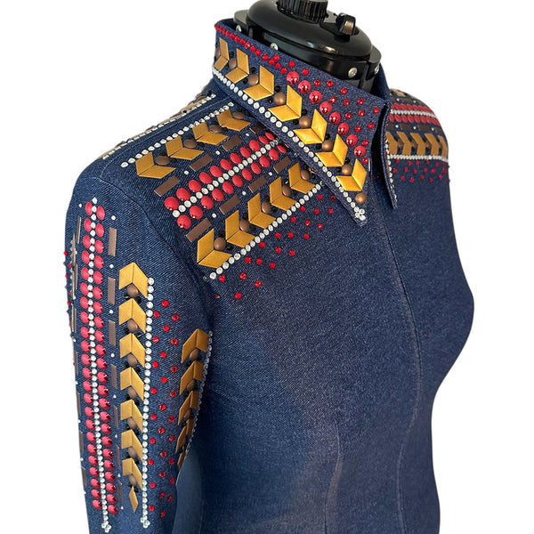 Show Clothes - Denim, Gold, Red and Black Show Shirt (L) - Lisa Nelle