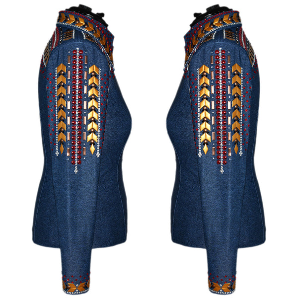 Show Clothes - Denim, Gold, Red and Black Show Shirt (L) - Lisa Nelle