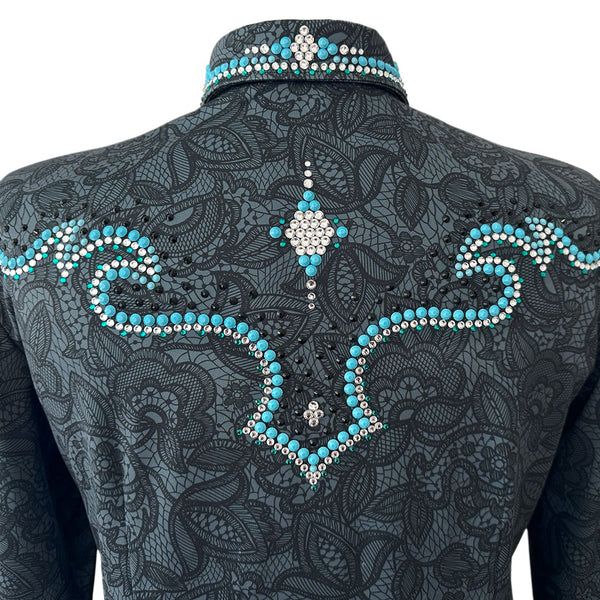 Show Clothes - Gray Lace and Turquoise Show Shirt (5X) - Lisa Nelle
