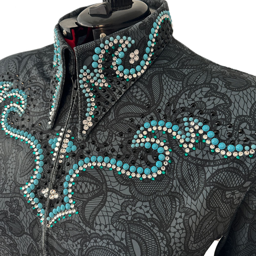 Show Clothes - Gray Lace and Turquoise Show Shirt (5X) - Lisa Nelle