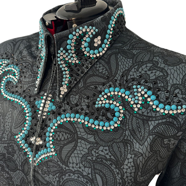 Show Clothes - Gray Lace and Turquoise Show Shirt (5X) - Lisa Nelle