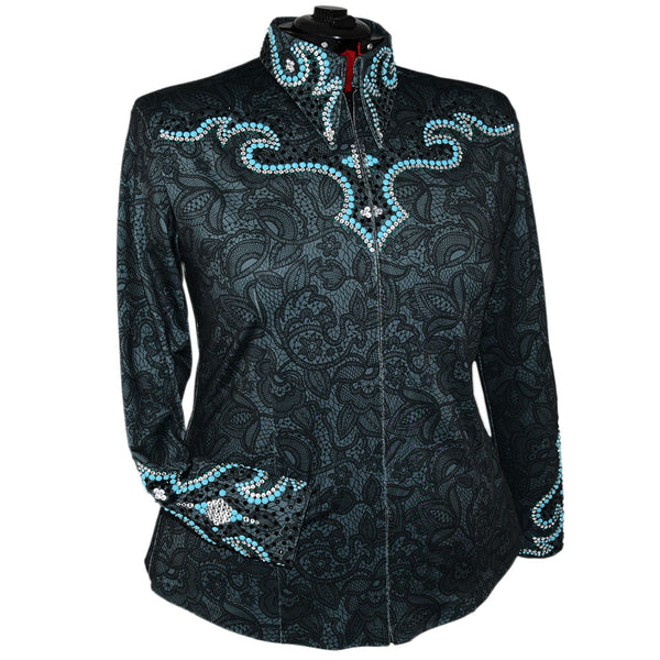 Show Clothes - Gray Lace and Turquoise Show Shirt (5X) - Lisa Nelle