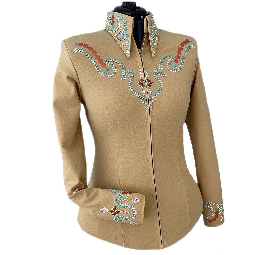 Show Clothes - Tan and Turquoise Western Show Shirt (M) - Lisa Nelle